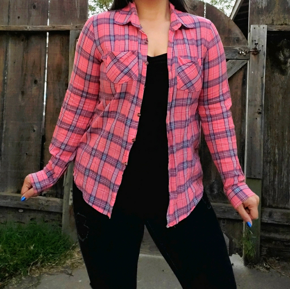 Pink Plaid long Sleeve Button Down Shirt